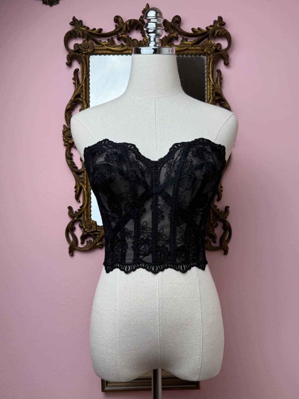 Vintage Victoria’s Secret Corset Black Embroidered Sheer Strapless Bustier 36B
